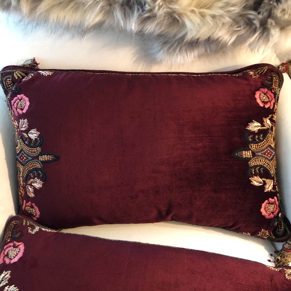 Burgundy velvet lumbar pillows with duck down PAIR